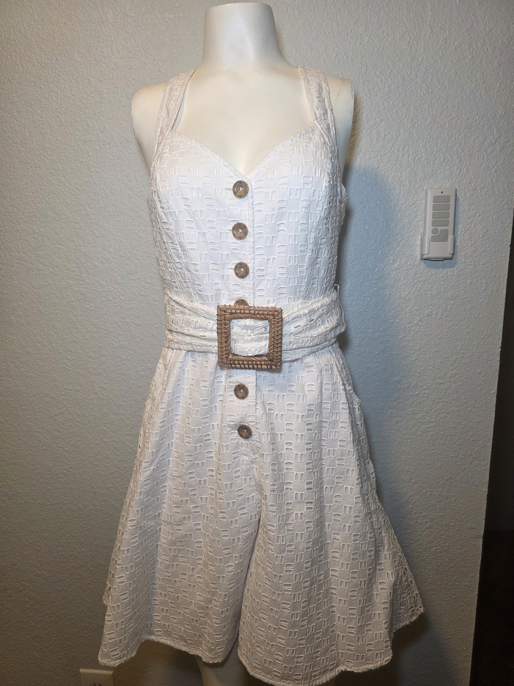 Anthropologie White Eyelet Halter Midi Dress with Woven Buckle